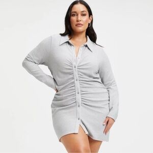 Good American Gray Ruched Button-Up Dress